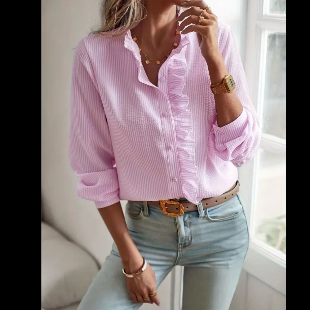 🔵 Pink & White Striped, Long Sleeve, Ruffle Trim, Buttoned Blouse - Picture 4 of 15